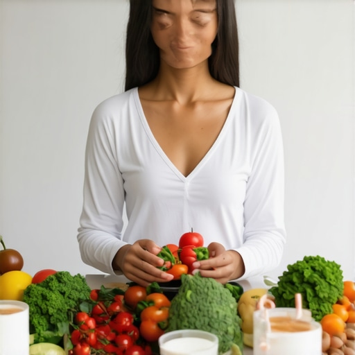 Person practicing mindful eating at a table with healthy foods, promoting satiety and hunger management.