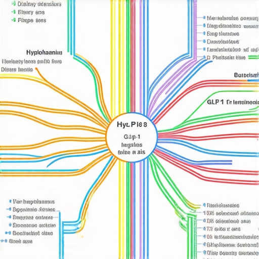 Diagram showing neuroendocrine pathways involved in appetite regulation and metabolic control influenced by diet and injectable treatments.