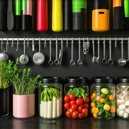 A well-organized kitchen with healthy foods and exercise equipment promoting healthy habits.