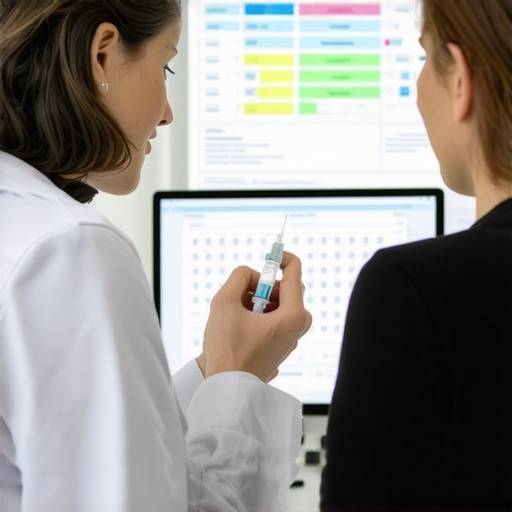 Doctor and patient reviewing injection schedules and health data together.