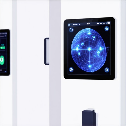 Futuristic clinic scene with genetic testing and digital health devices