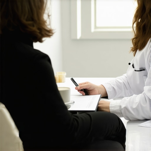 Doctor discussing long-term weight loss plans with a patient, focusing on medication and lifestyle adjustments in a clinical setting.