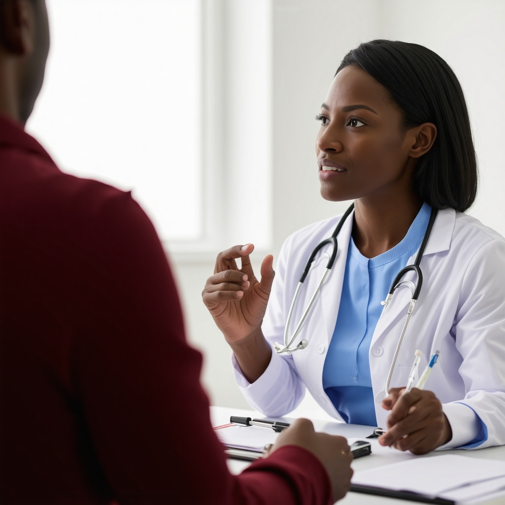 Healthcare professional discussing genetic testing and dosing strategies with patient in clinic