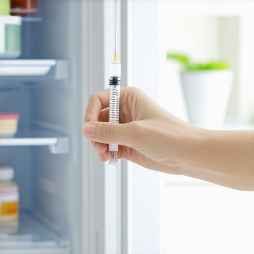 Person carefully handling a syringe with a refrigerator in the background, illustrating safe storage and handling of weight loss medication.