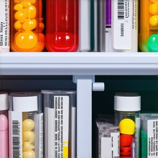 Medication stored upright in fridge with original packaging, protected from light and humidity.