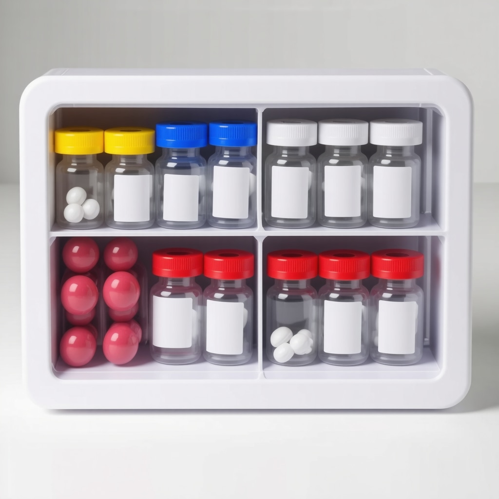 Organized medication box stored in a refrigerator with temperature controls, ideal for weight loss injections.