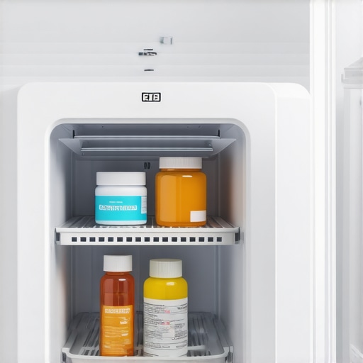 A modern smart refrigerator equipped with sensors monitoring medication temperature
