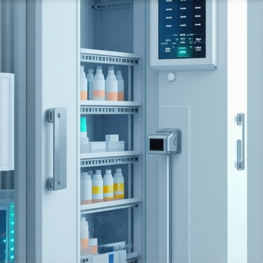 High-tech climate-controlled medication storage with IoT sensors monitoring temperature and humidity