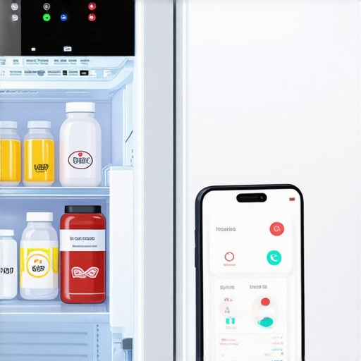 A modern smart refrigerator with temperature control, IoT sensors, and a smartphone app displaying medication status.