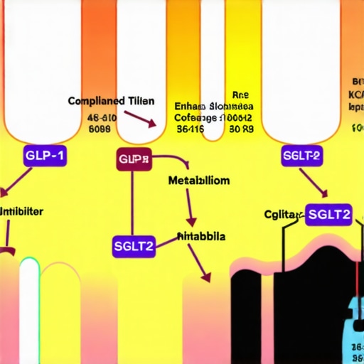 Diagram showing how GLP-1 and SGLT2 inhibitors work together in metabolic pathways.