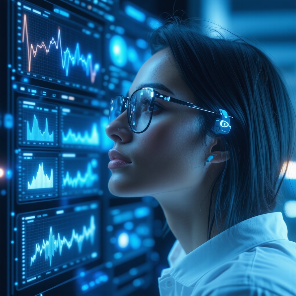 Futuristic digital health interface with wearable device data and personalized insights.