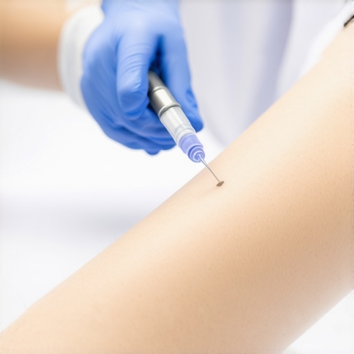 Clinician using ultrasound device to guide injection on patient's arm, demonstrating precision and minimized discomfort.