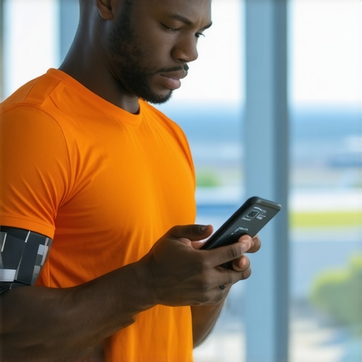 Individual reviewing glucose data on a smartphone with a CGM device in a gym setting