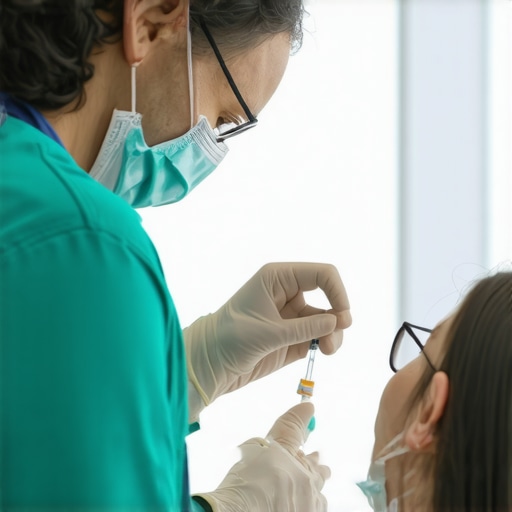 Healthcare professional giving an injection to a patient in a clinical environment.