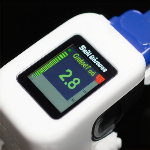 Close-up of a continuous glucose monitor showing real-time data in a clinical setting