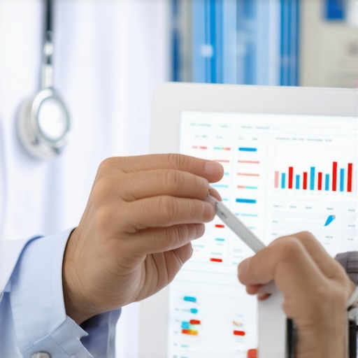 Healthcare professional reviewing digital health metrics on a tablet, emphasizing personalized medicine in fat loss.