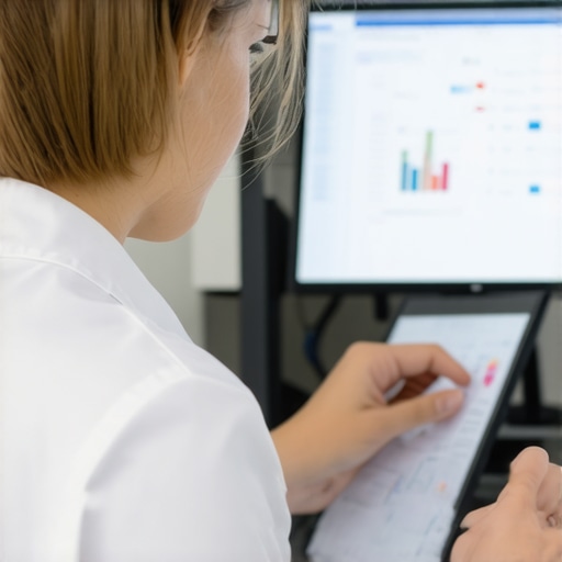 Medical professional reviewing digital health data in a clinical setting