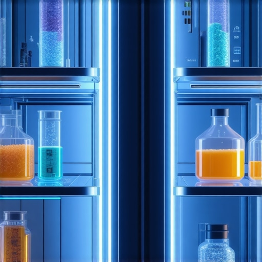 Futuristic smart refrigerator with temperature controls and peptide containers in a modern laboratory