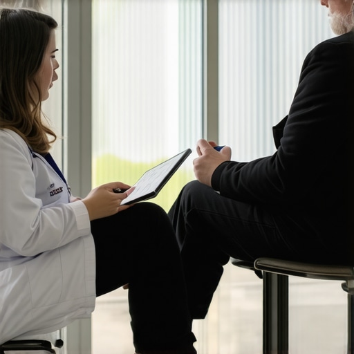 Doctor reviewing tailored Tirzepatide treatment plan with patient using digital health tools.
