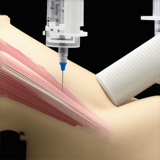 Ultrasound image showing tissue layers and needle alignment for injection.