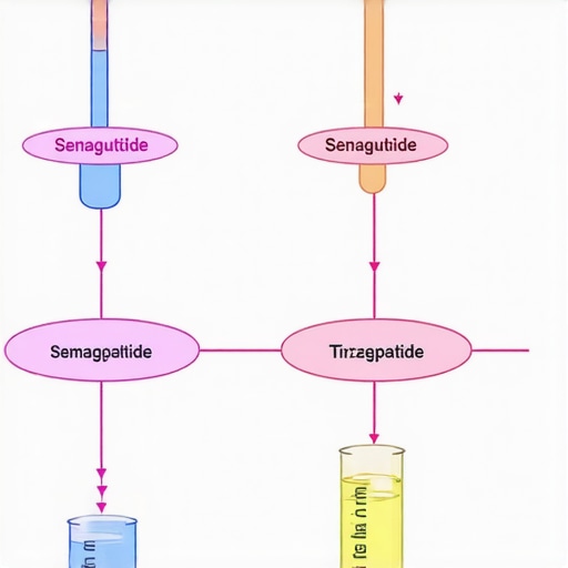 Diagram showing pharmacokinetics of weight loss medications, highlighting absorption, distribution, metabolism, and excretion for semaglutide and tirzepatide.