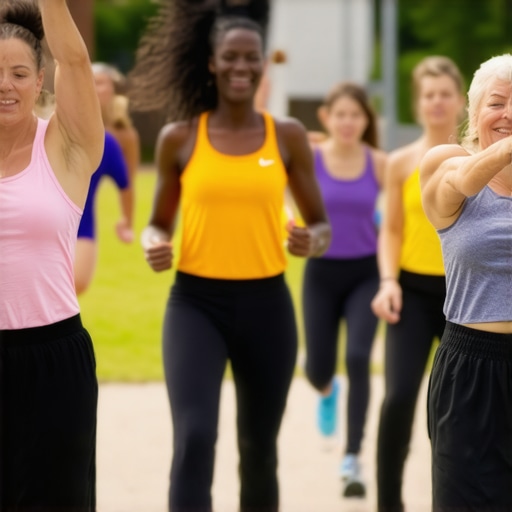 Diverse individuals engaging in outdoor exercise, representing sustainable health practices beyond medication.
