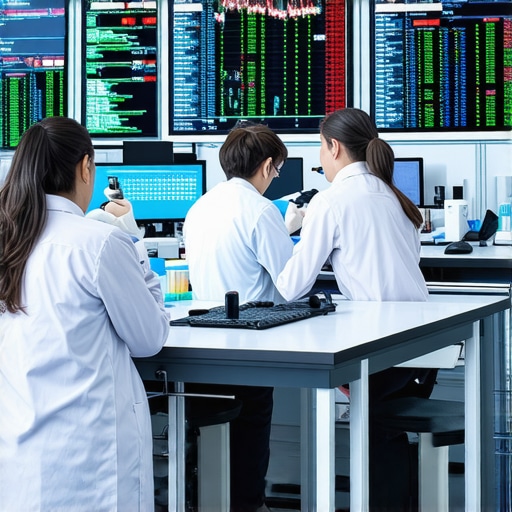 Scientists in a lab developing weight loss medication with stock market screens showing growth trends