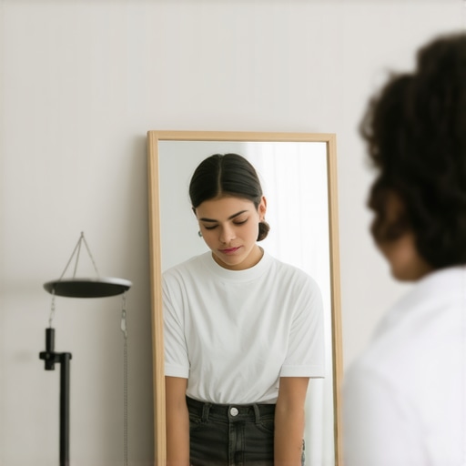 Person contemplating weight management in front of a mirror.